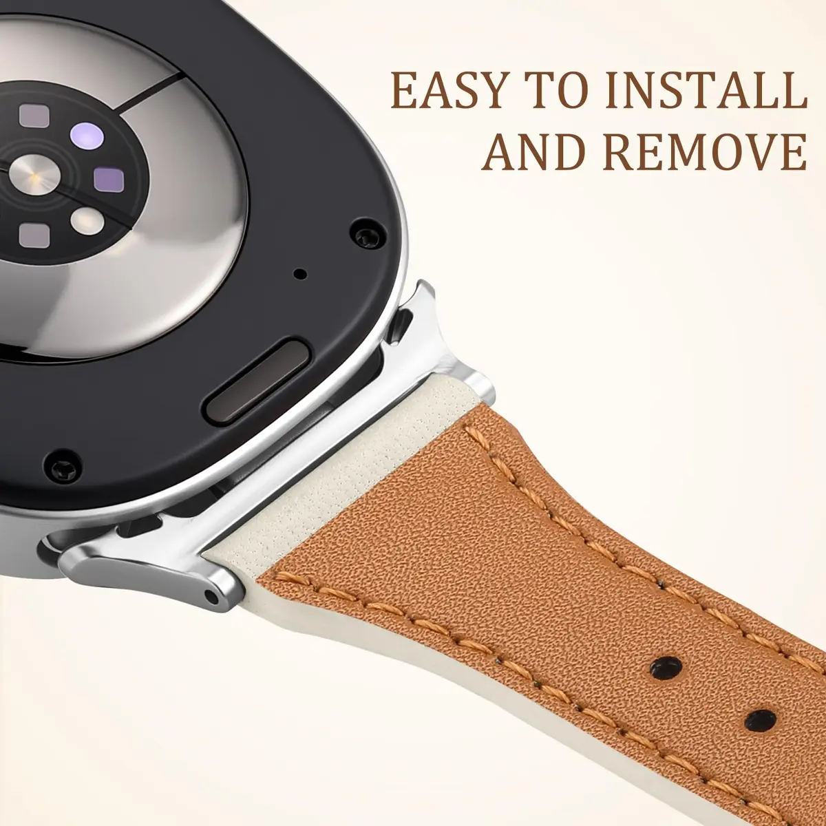 GEAK Slim Leather Band Compatible with Samsung Galaxy Watch 9 8 40mm 44mm/Watch 8 Classic 46mm Beige with Silver Buckle | Genuine Leather Replacement Dressy Strap for Women - view 9