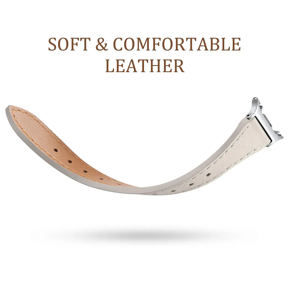 GEAK Slim Leather Band Compatible with Samsung Galaxy Watch 9 8 40mm 44mm/Watch 8 Classic 46mm Beige with Silver Buckle | Genuine Leather Replacement Dressy Strap for Women - view 3