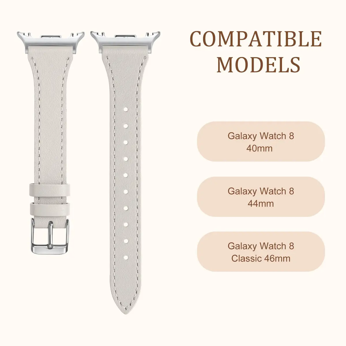 GEAK Slim Leather Band Compatible with Samsung Galaxy Watch 9 8 40mm 44mm/Watch 8 Classic 46mm Beige with Silver Buckle | Genuine Leather Replacement Dressy Strap for Women - view 4