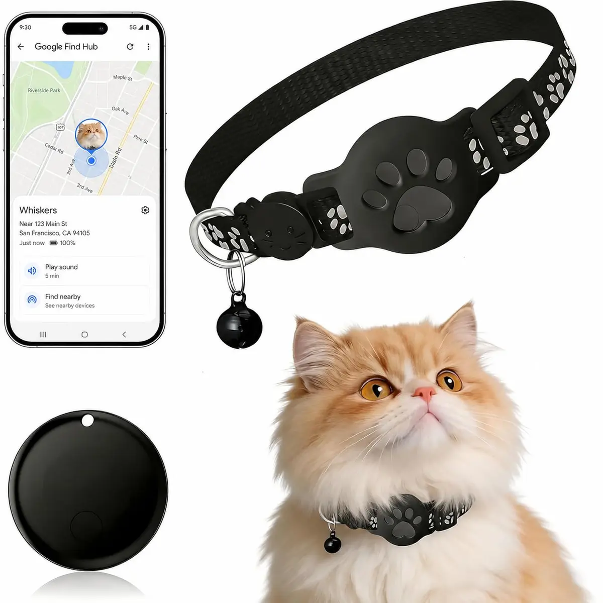 JNLIK GPS Cat Collar Tracker (Android Only) with Google Find My - Waterproof, No Monthly Fee, Black - main product image