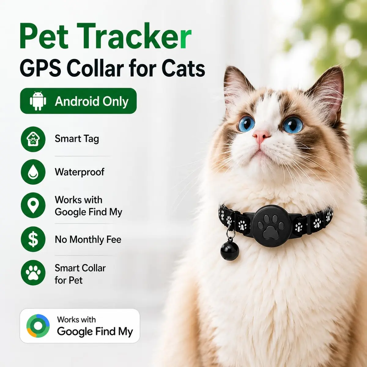 JNLIK GPS Cat Collar Tracker (Android Only) with Google Find My - Waterproof, No Monthly Fee, Black - view 2