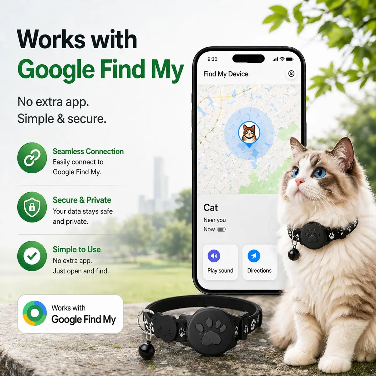 JNLIK GPS Cat Collar Tracker (Android Only) with Google Find My - Waterproof, No Monthly Fee, Black - view 3