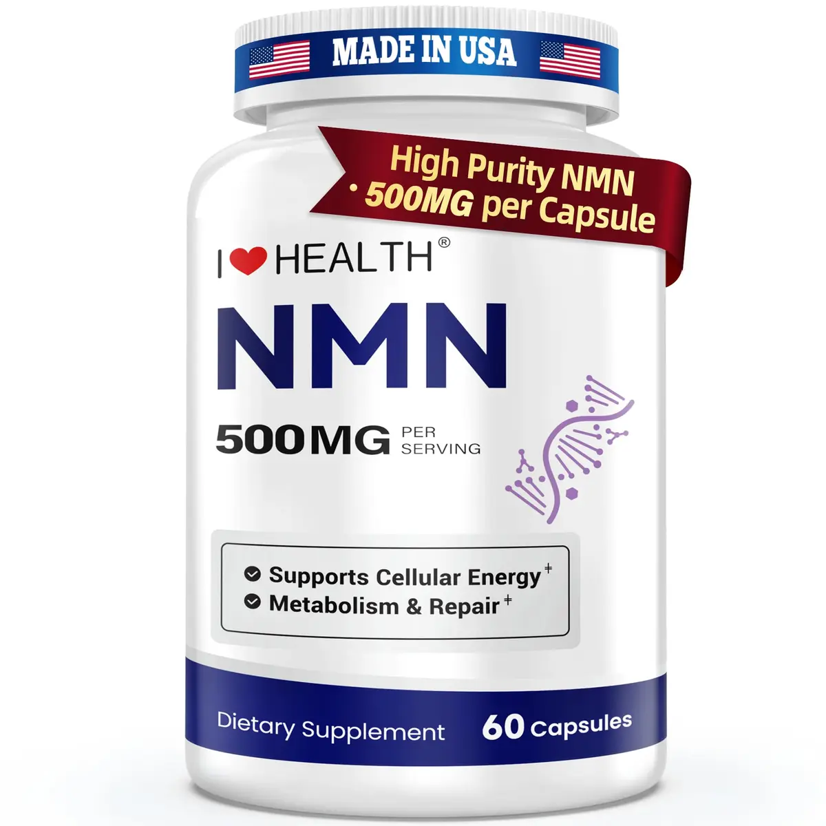 I LOVE HEALTH NMN 500MG Per Capsule – High Purity 99.9% NAD+ Support for Cellular Energy & Aging, 60 Capsules - main product image