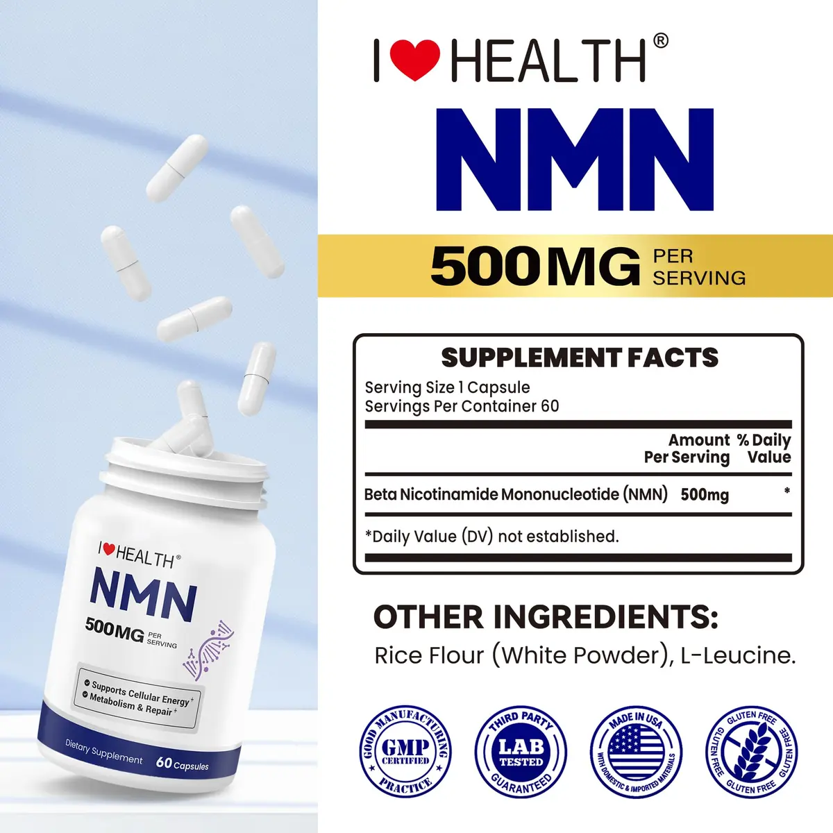 I LOVE HEALTH NMN 500MG Per Capsule – High Purity 99.9% NAD+ Support for Cellular Energy & Aging, 60 Capsules - view 9