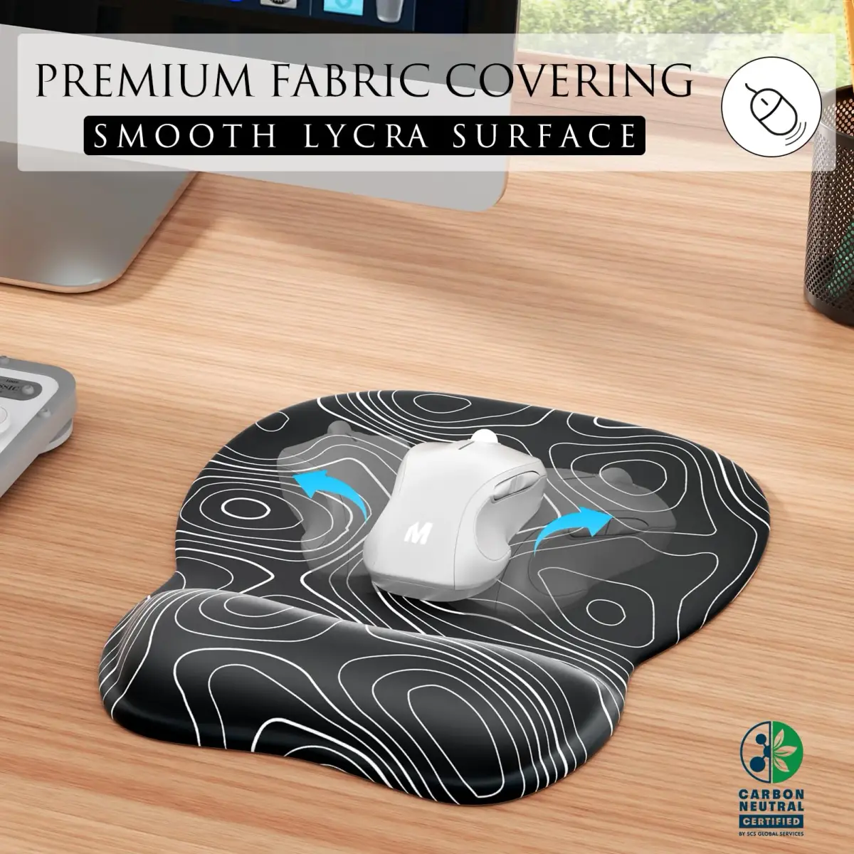 MROCO Ergonomic Gel Wrist Rest Mouse Pad Black Topographic 9.4 x 8.1 in | Smooth Lycra Surface for Precise Control - main product image