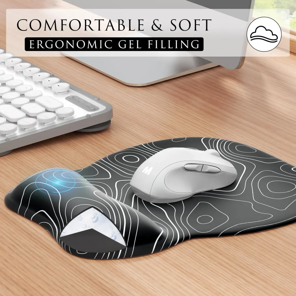 MROCO Ergonomic Gel Wrist Rest Mouse Pad Black Topographic 9.4 x 8.1 in | Smooth Lycra Surface for Precise Control - view 2