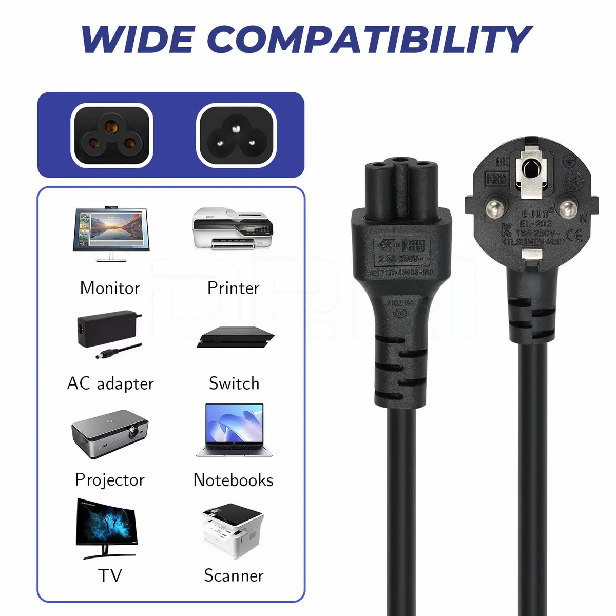 DRRI IEC C5 Plug to Europe Schuko CEE 7/7 Socket Extension Cable 30cm (0.98Ft) | 2.5A 250V - view 3