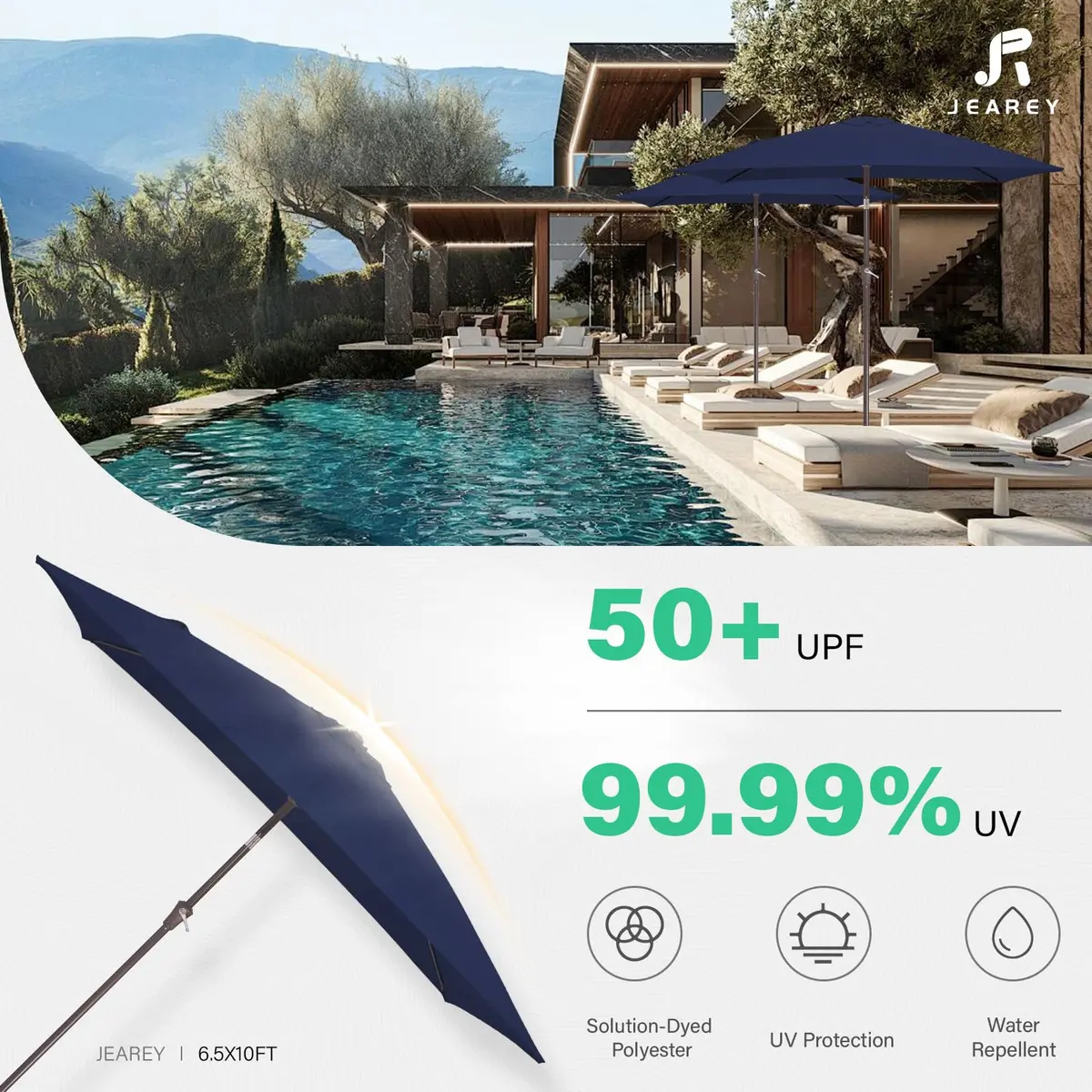 JEAREY 6.5 x 10 ft Rectangular Patio Umbrella w/Crank, Navy | Sun-resistant, Wind Vent, Water-resistant Fabric - view 5