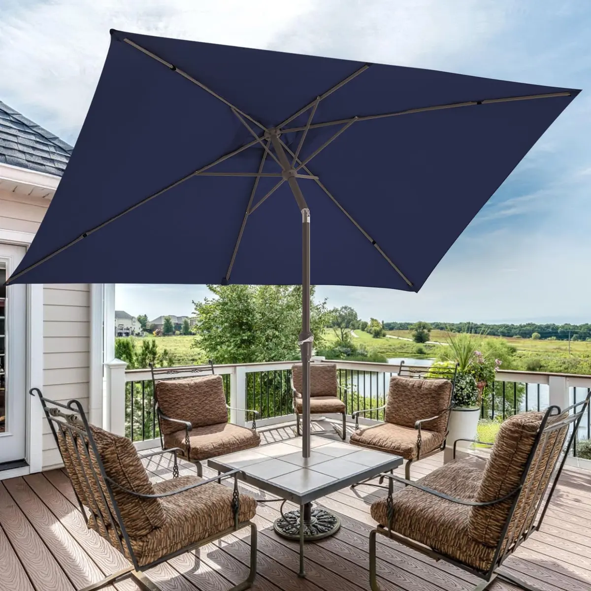 JEAREY 6.5 x 10 ft Rectangular Patio Umbrella w/Crank, Navy | Sun-resistant, Wind Vent, Water-resistant Fabric - view 6