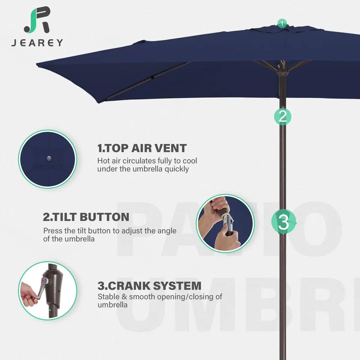 JEAREY 6.5 x 10 ft Rectangular Patio Umbrella w/Crank, Navy | Sun-resistant, Wind Vent, Water-resistant Fabric - view 7