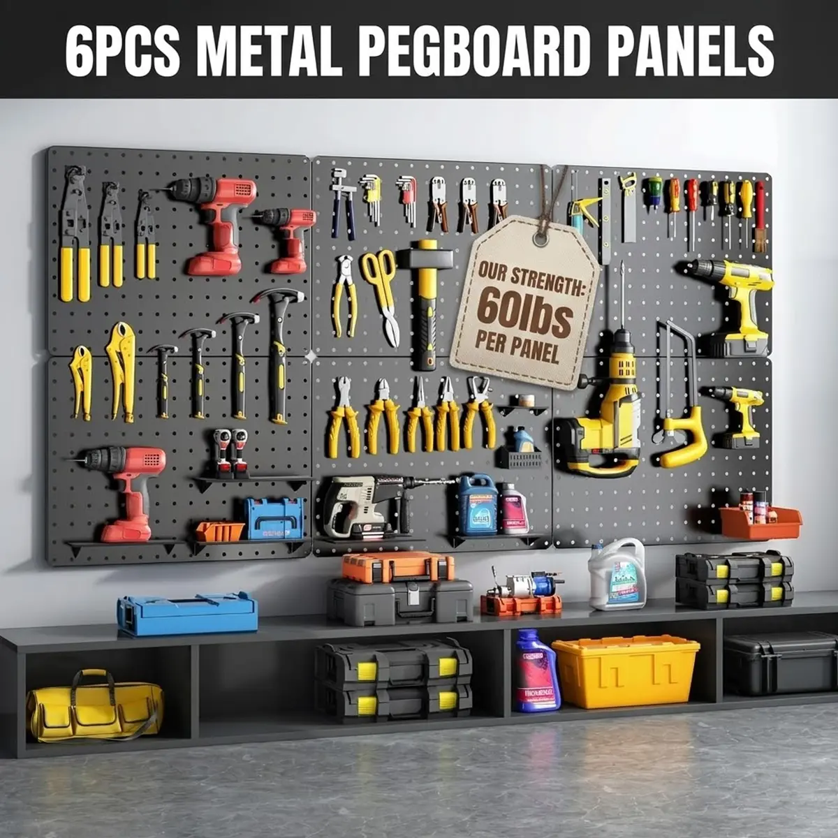 Hogurity Peg Board 112PCS Heavy Duty Metal Pegboard with Hooks | 6 Pack Black Wall Organizer (12"×16") - view 4