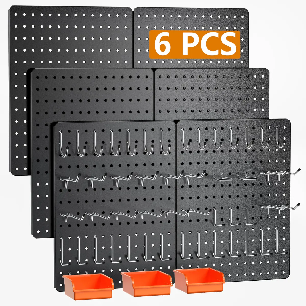 Hogurity Peg Board 112PCS Heavy Duty Metal Pegboard with Hooks | 6 Pack Black Wall Organizer (12"×16") - main product image