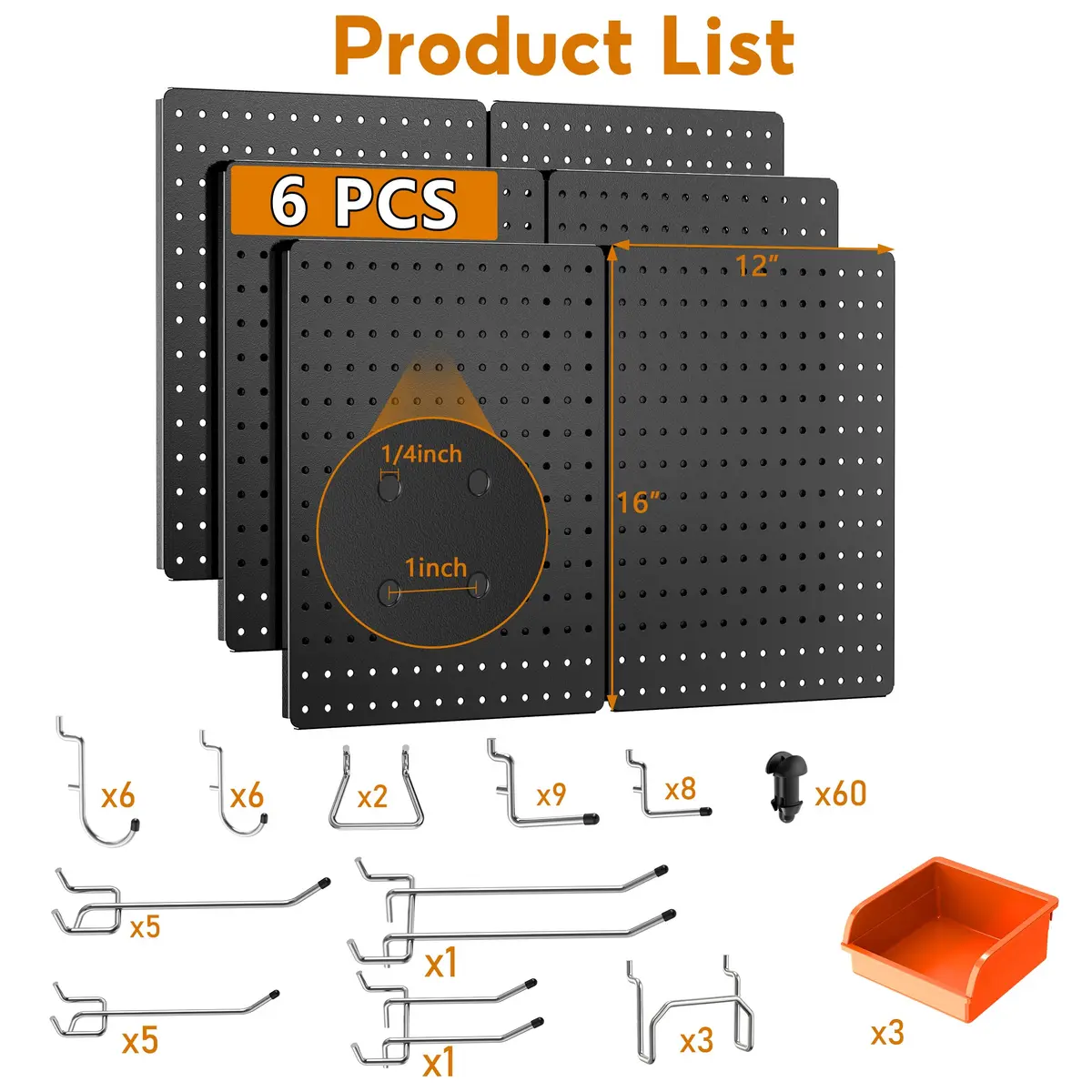 Hogurity Peg Board 112PCS Heavy Duty Metal Pegboard with Hooks | 6 Pack Black Wall Organizer (12"×16") - view 2