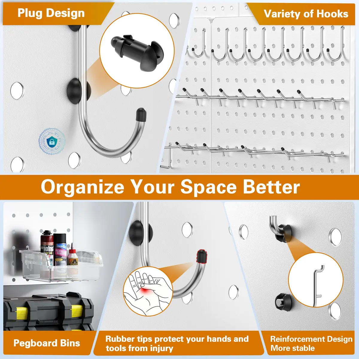 Hogurity Peg Board 112pcs Metal Organizer 16'' x 12'' White Wall Panel for Craft & Garage - view 6