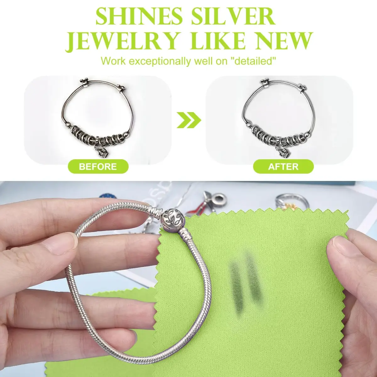 SEVENWELL Green Jewelry Cleaning Cloth 8cm x 8cm | Polishes Sterling Silver, Gold, Platinum - view 2