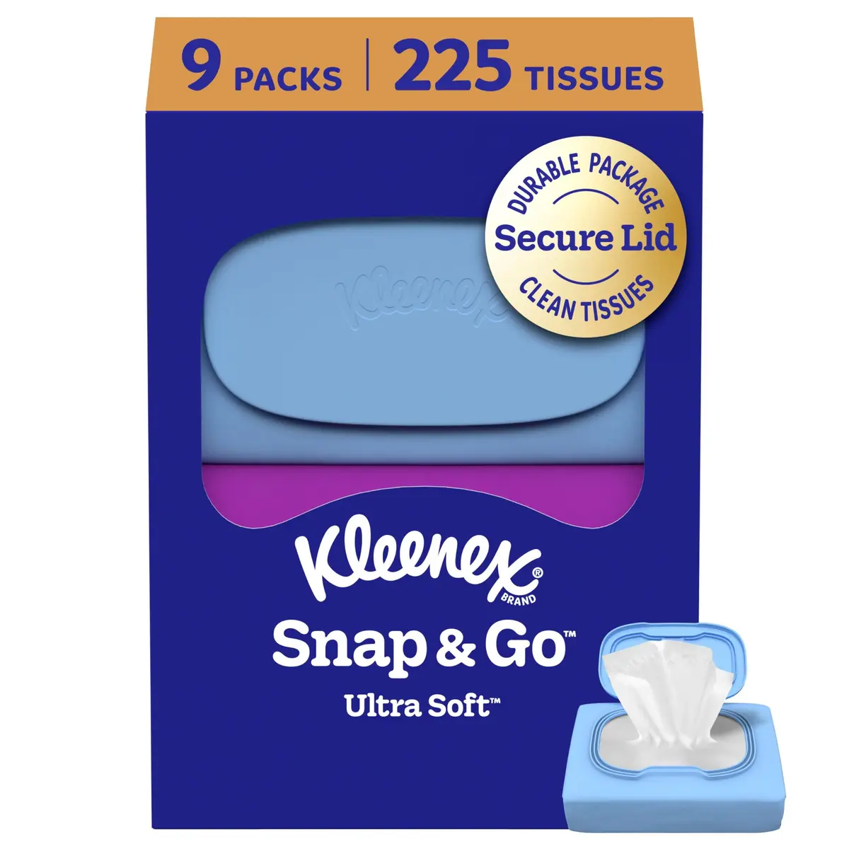 Kleenex Snap & Go Ultra Soft Facial Tissues, 9 Packs, 25 Tissues per Pack | Compact, Travel-Ready, 3-Ply, Gentle & Irritation-Free - main product image