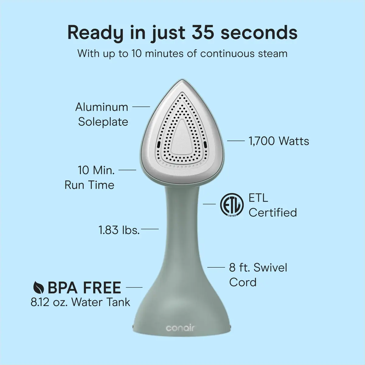 Conair Garment Steamer & Iron 1700W | Compact, Green | Fast Wrinkle Removal - view 4