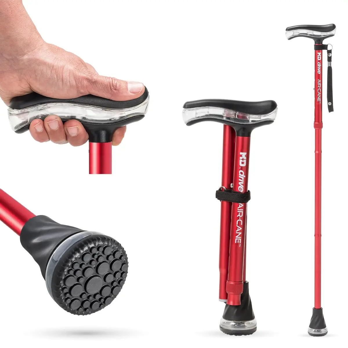 MD by DRIVE Air-Cane Walking Cane for Men & Women, 350-lb Capacity, Red | Foldable, All-Weather, 6 Colors - main product image