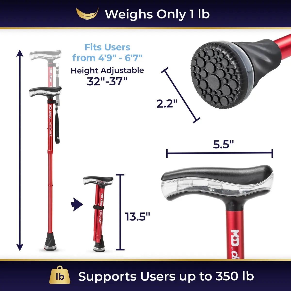 MD by DRIVE Air-Cane Walking Cane for Men & Women, 350-lb Capacity, Red | Foldable, All-Weather, 6 Colors - view 4