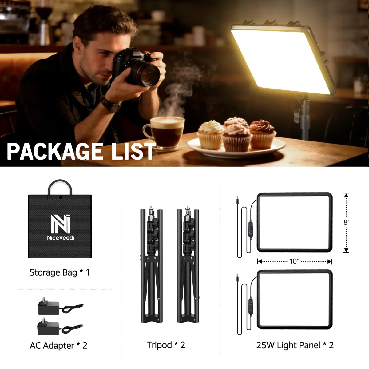 NiceVeedi 2-Pack 25W LED Photography Lighting Kit with Tripod Stands, 73" Studio Video Lights, 2900-7000K Dimmable, 10x8" Panels | Continuous Lighting for Video Recording - view 7