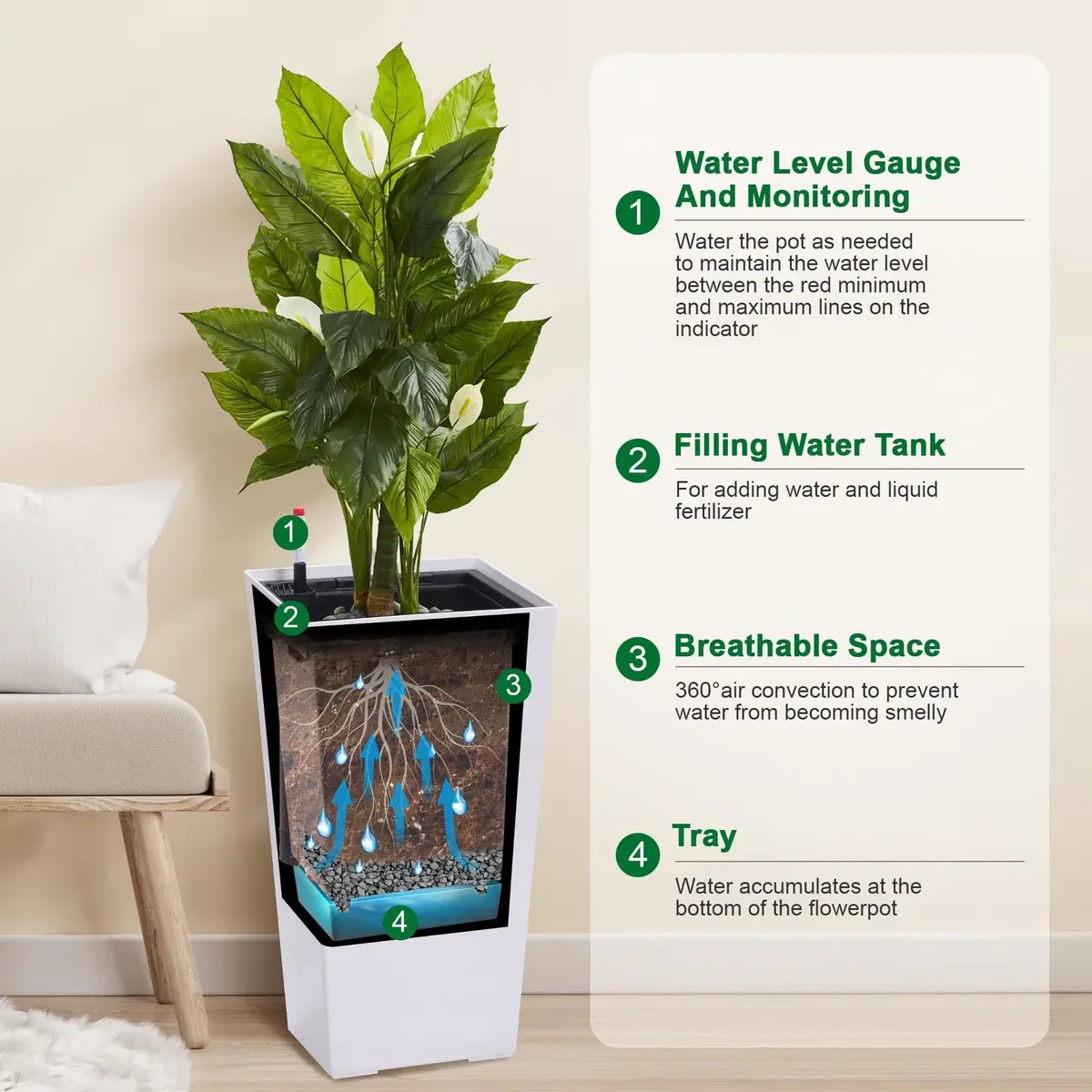 FinerFurnis 23 Inch Tall Planters Set of 2 | Water Level Monitor & Drainage Holes - view 2