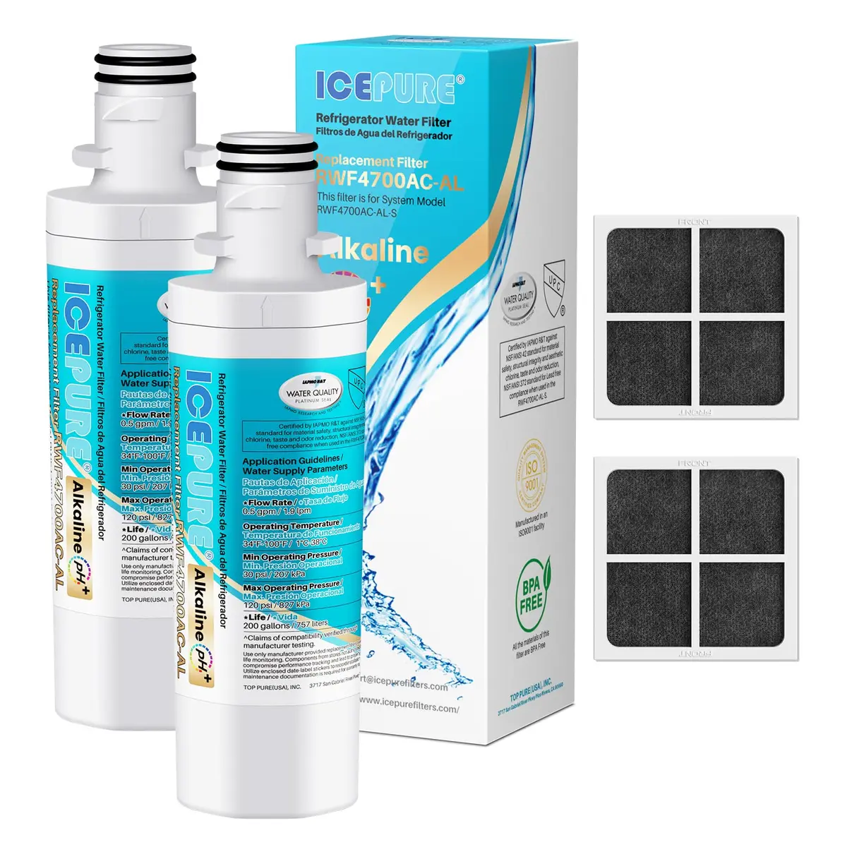 ICEPURE Alkaline LT1000PC Refrigerator Water Filter & Air Filter 2-Pack | NSF Certified, 220V Compatible - main product image