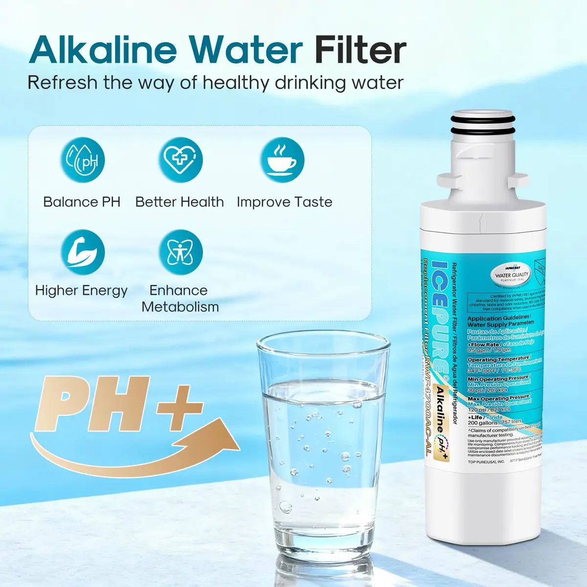 ICEPURE Alkaline LT1000PC Refrigerator Water Filter & Air Filter 1 Combo | Balances PH, 200 Gallons - view 4