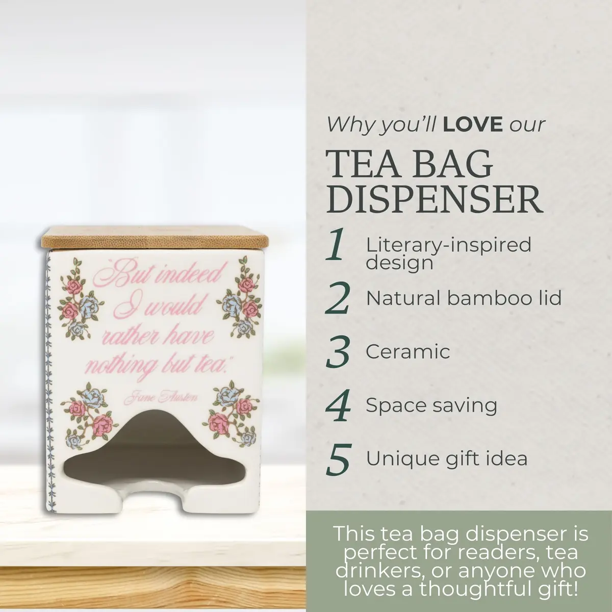Steel Mill & Co Ceramic Tea Bag Dispenser, Jane Austen Quote | Elegant Kitchen Organizer for Tea Bags - view 7