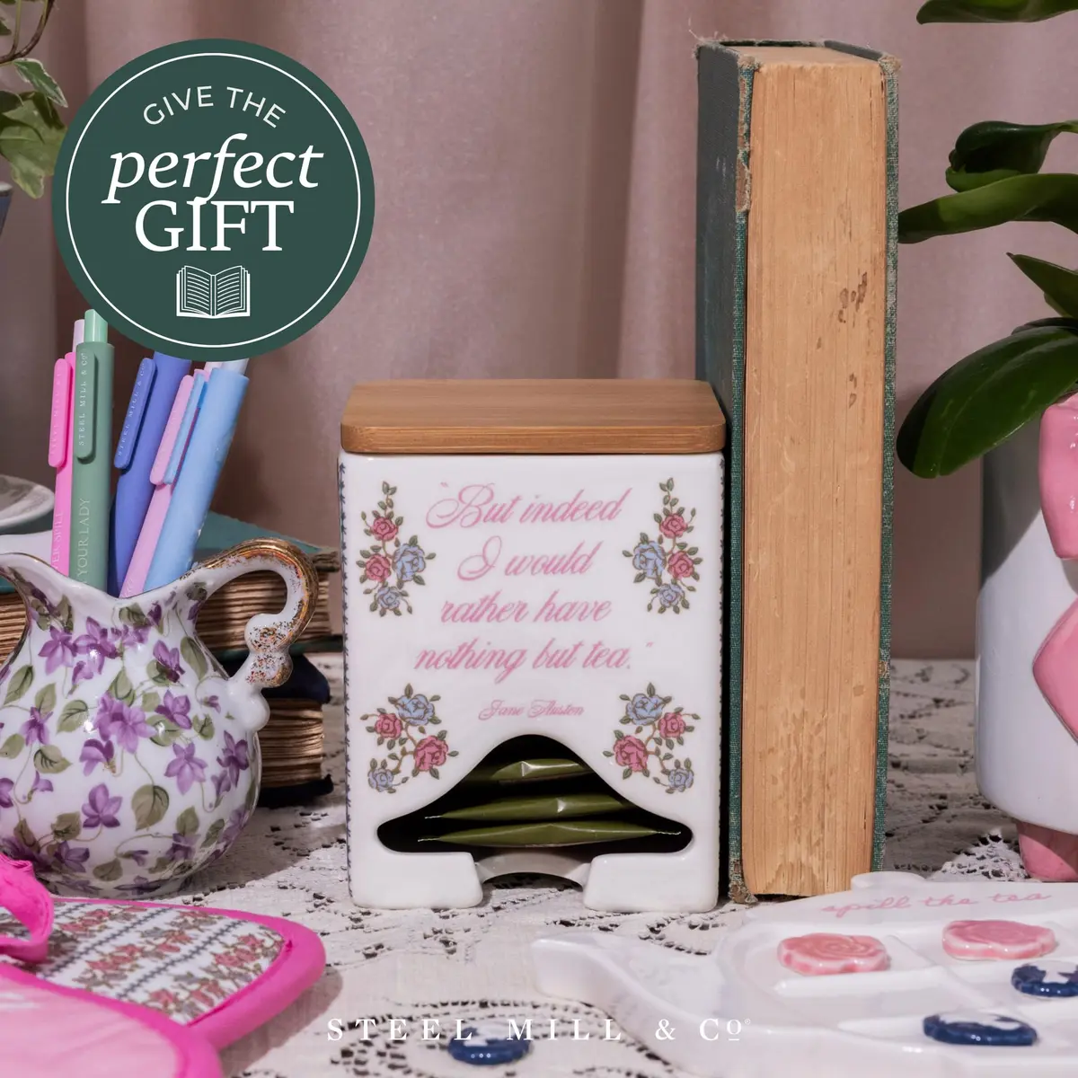 Steel Mill & Co Ceramic Tea Bag Dispenser, Jane Austen Quote | Elegant Kitchen Organizer for Tea Bags - view 9