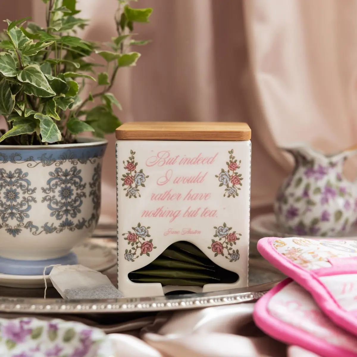 Steel Mill & Co Ceramic Tea Bag Dispenser, Jane Austen Quote | Elegant Kitchen Organizer for Tea Bags - view 4