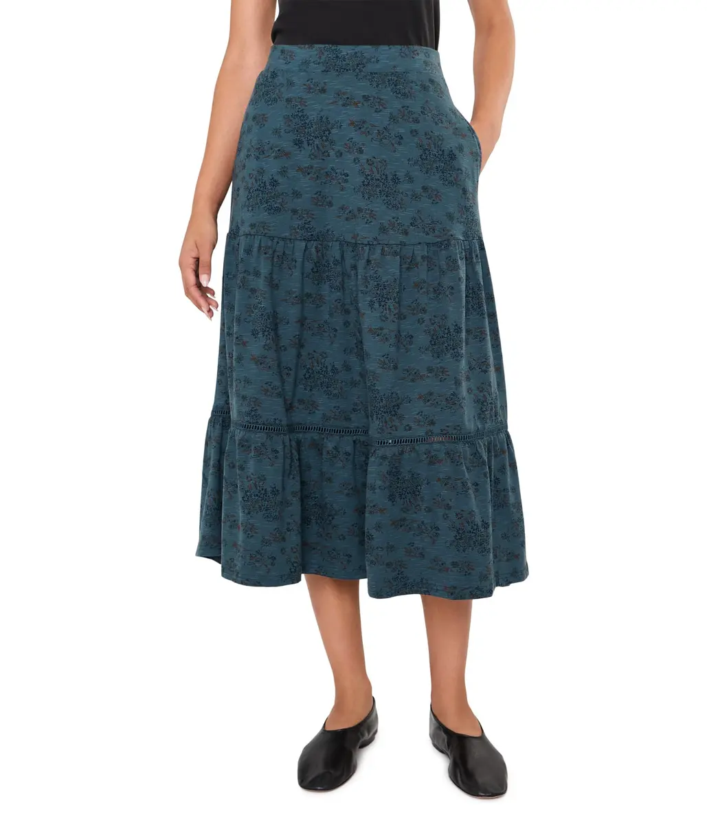 Toad&Co Women's Marigold Tiered Midi Skirt Navy Print | Organic Cotton & TENCEL™ Lyocell, X-Small - main product image