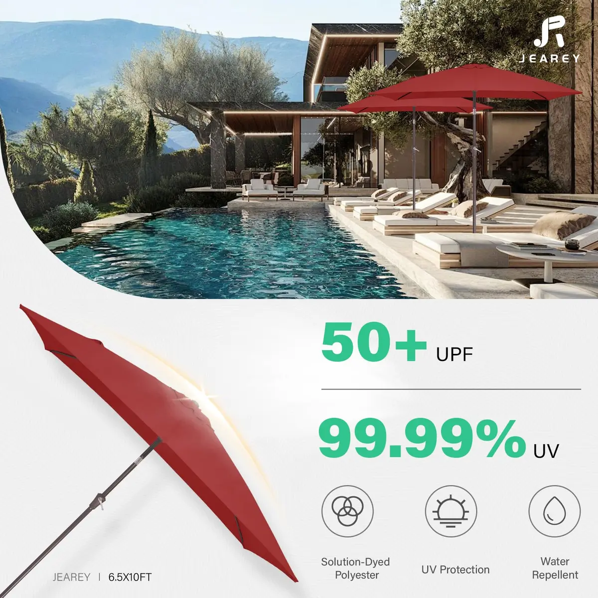 JEAREY 6.5 x 10 ft Rectangular Patio Umbrella w/Crank, Red | Wind Vent & Water Resistant - view 5