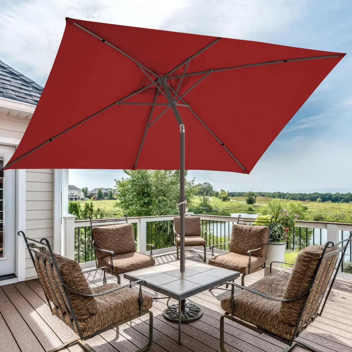JEAREY 6.5 x 10 ft Rectangular Patio Umbrella w/Crank, Red | Wind Vent & Water Resistant - view 6