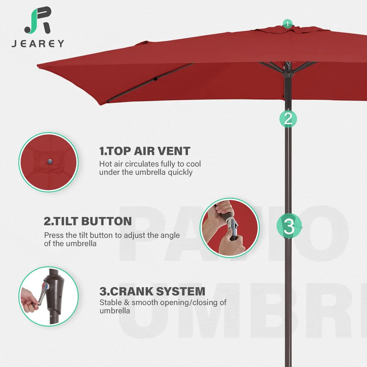 JEAREY 6.5 x 10 ft Rectangular Patio Umbrella w/Crank, Red | Wind Vent & Water Resistant - view 7