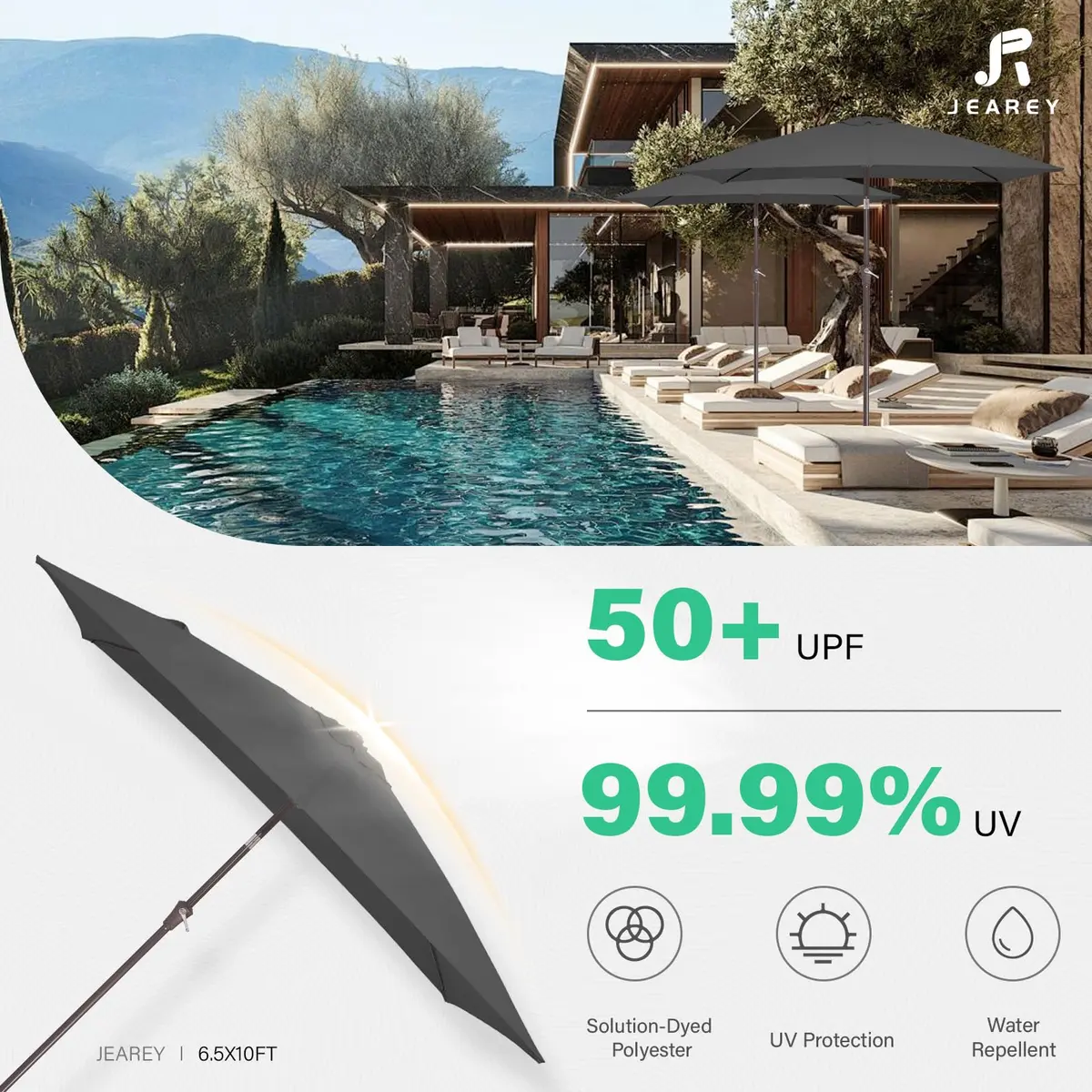 JEAREY 6.5 x 10 ft Rectangular Patio Umbrella w/Crank, Gray | Sun-Resistant Water-Resistant Support - view 5