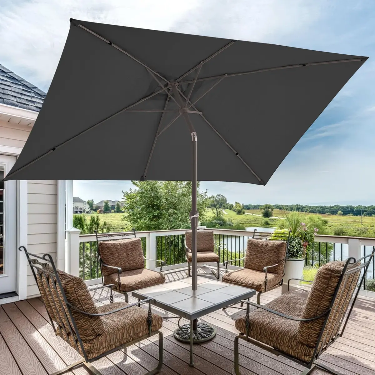 JEAREY 6.5 x 10 ft Rectangular Patio Umbrella w/Crank, Gray | Sun-Resistant Water-Resistant Support - view 6