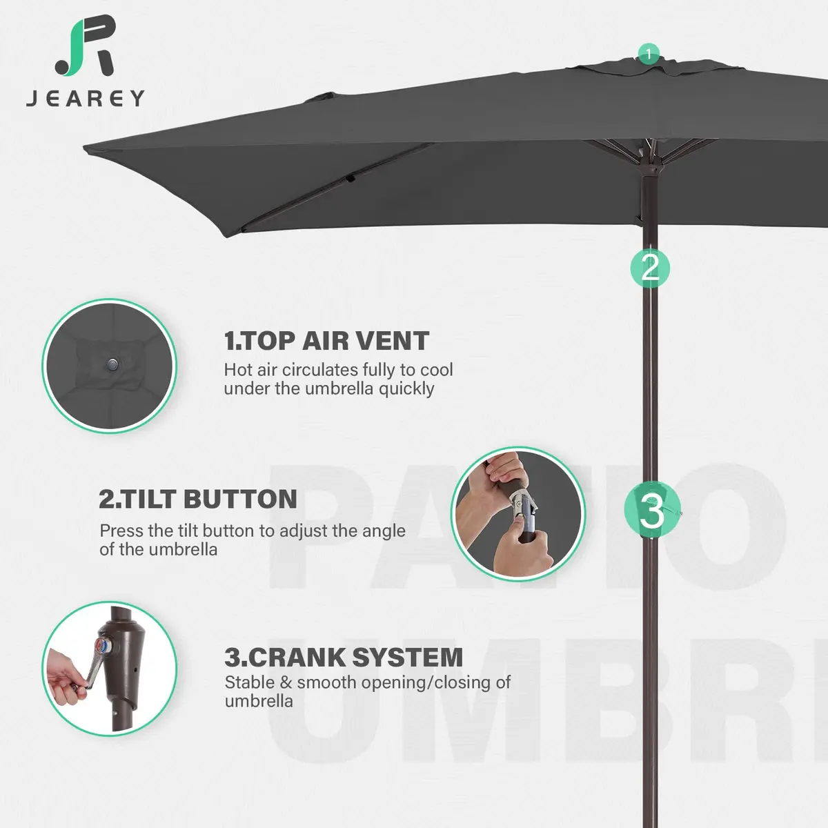 JEAREY 6.5 x 10 ft Rectangular Patio Umbrella w/Crank, Gray | Sun-Resistant Water-Resistant Support - view 7