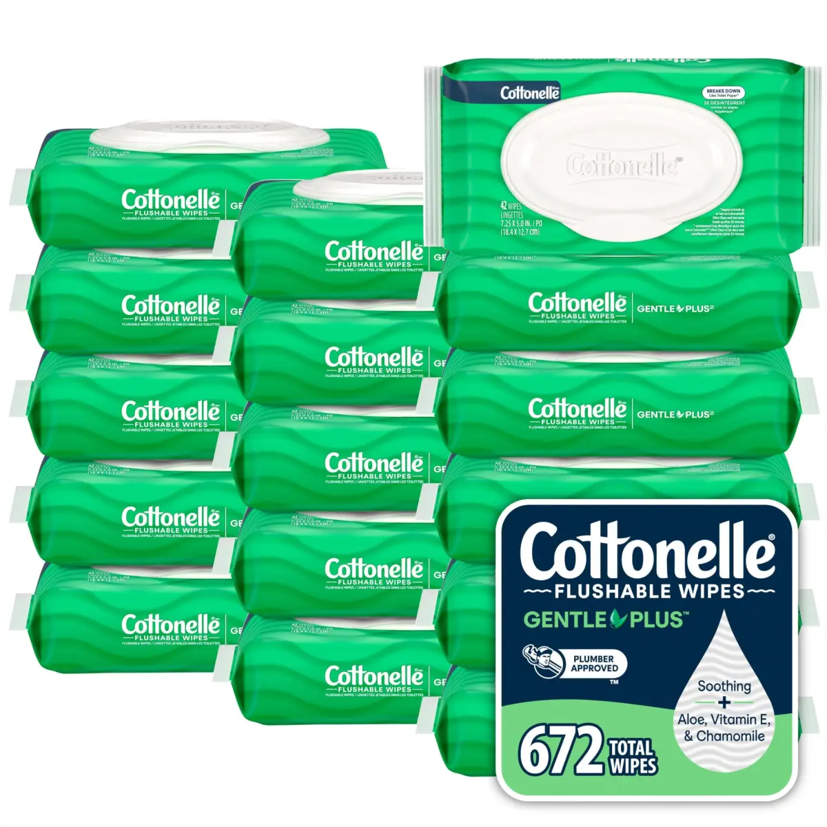 Cottonelle GentlePlus Flushable Wipes 672 Count (16 Packs, 42 Wipes per Pack) | Septic-Safe & Gentle for All Skin Types - main product image