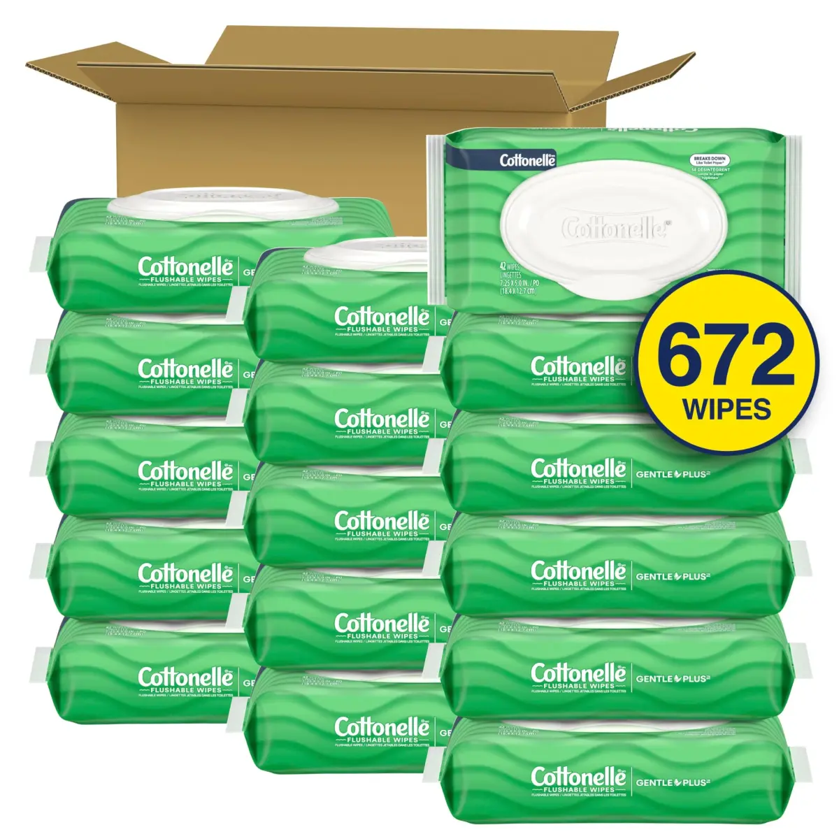Cottonelle GentlePlus Flushable Wipes 672 Count (16 Packs, 42 Wipes per Pack) | Septic-Safe & Gentle for All Skin Types - view 2
