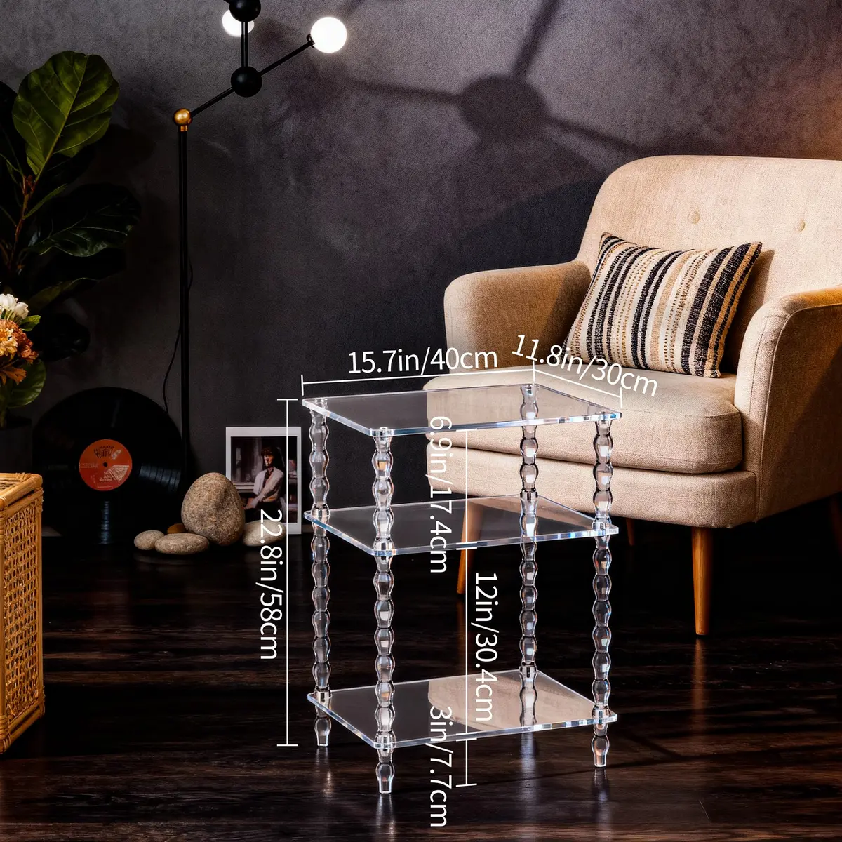 solaround Acrylic Side Table, Clear End Tables, with Sculptural Beaded Legs, 11.8'' | Modern, Stable & Space-Saving - view 3
