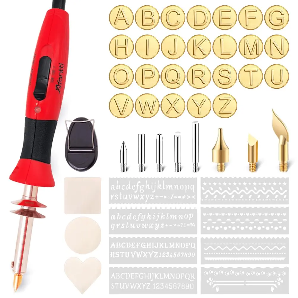 Afantti Wood Burning Pen Kit Leather Burner Tool | 26 Letter | 8 Stencil | Adjustable Temp - main product image