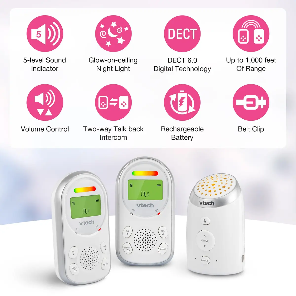 VTech 2 Parent Units Digital Audio Baby Monitor with Night Light | 1000ft Range, Two-Way Talk, Vibrating Alert - view 2