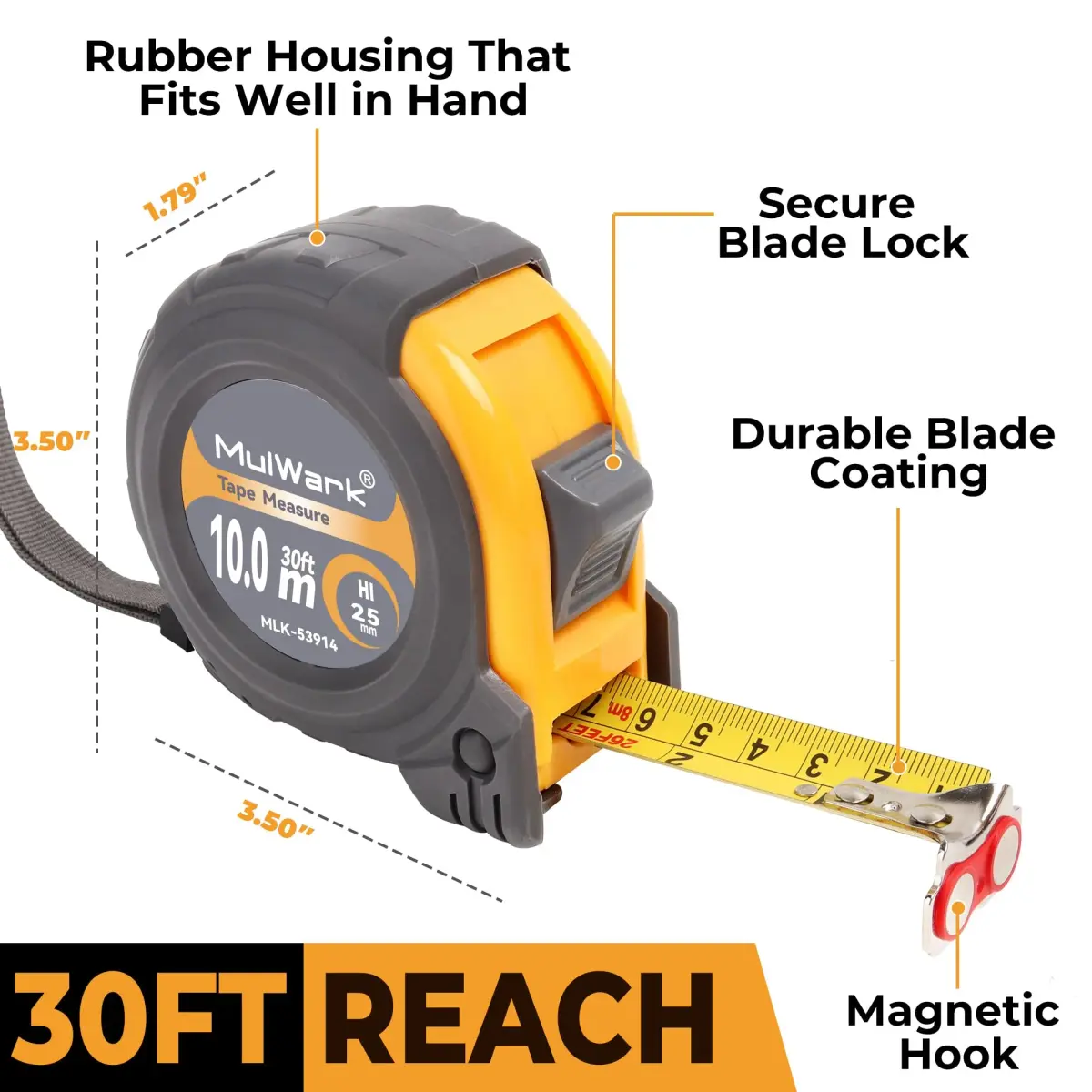 MulWark 30ft (9.14m) Retractable Metal Tape Measure | Professional Grade with Magnetic Hook & Dual Markings - view 2