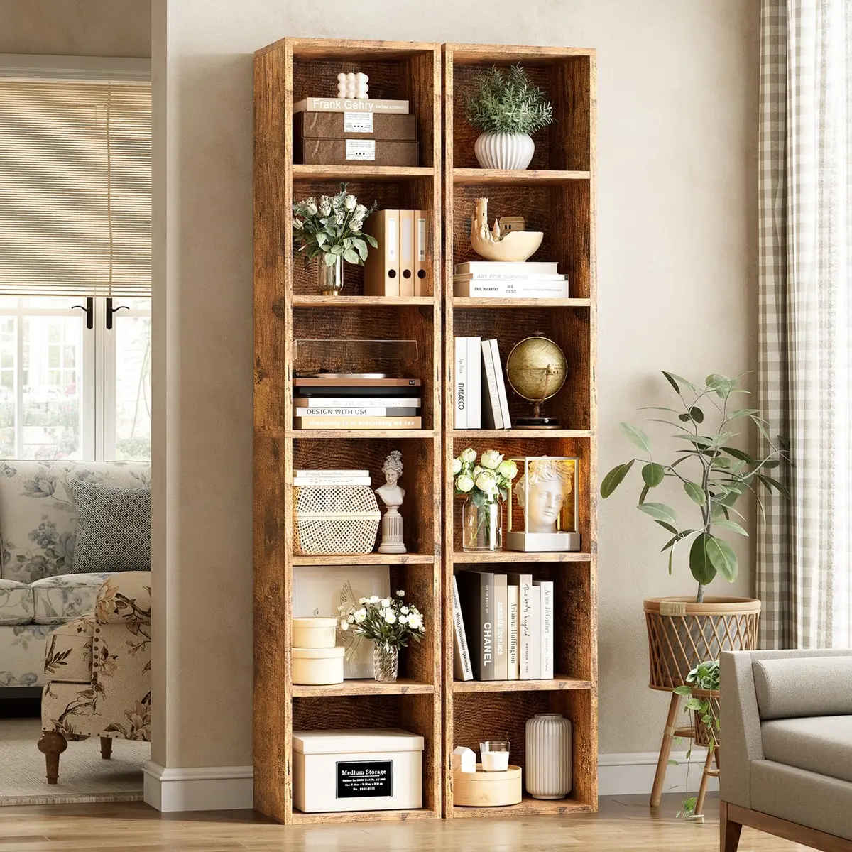 YISUFO Narrow Bookshelf & Bookcase Set of 2 | 6-Tier Floor Standing Open Book Shelf, 71.5" Tall, Brown - main product image