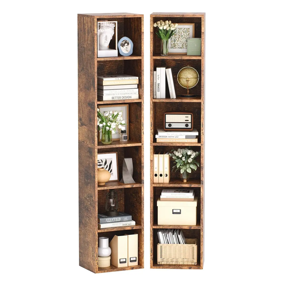 YISUFO Narrow Bookshelf & Bookcase Set of 2 | 6-Tier Floor Standing Open Book Shelf, 71.5" Tall, Brown - view 6