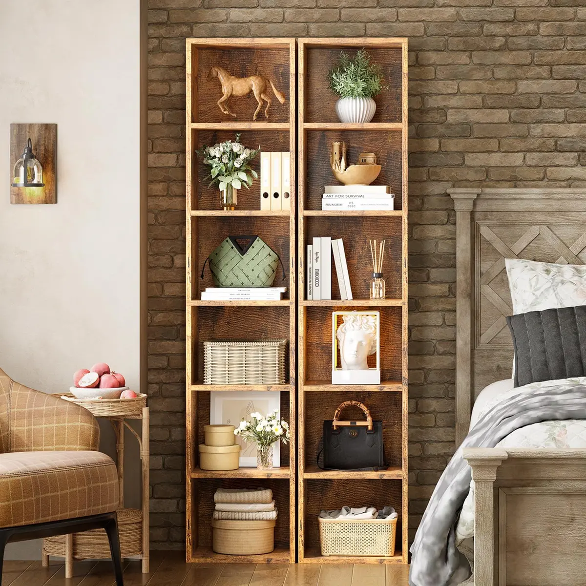 YISUFO Narrow Bookshelf & Bookcase Set of 2 | 6-Tier Floor Standing Open Book Shelf, 71.5" Tall, Brown - view 7