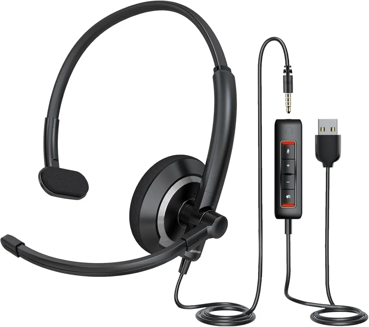 awatrue Single Ear USB Headset with Microphone for PC Lightweight | Dual 3.5mm & USB Connectivity - main product image