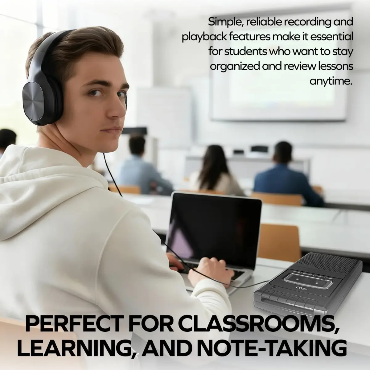 Coby Portable Cassette Player & Recorder with Headphones, Built-in Mic, One-Touch Recording, Black | 25.9cm (10.2in) Wide - view 3