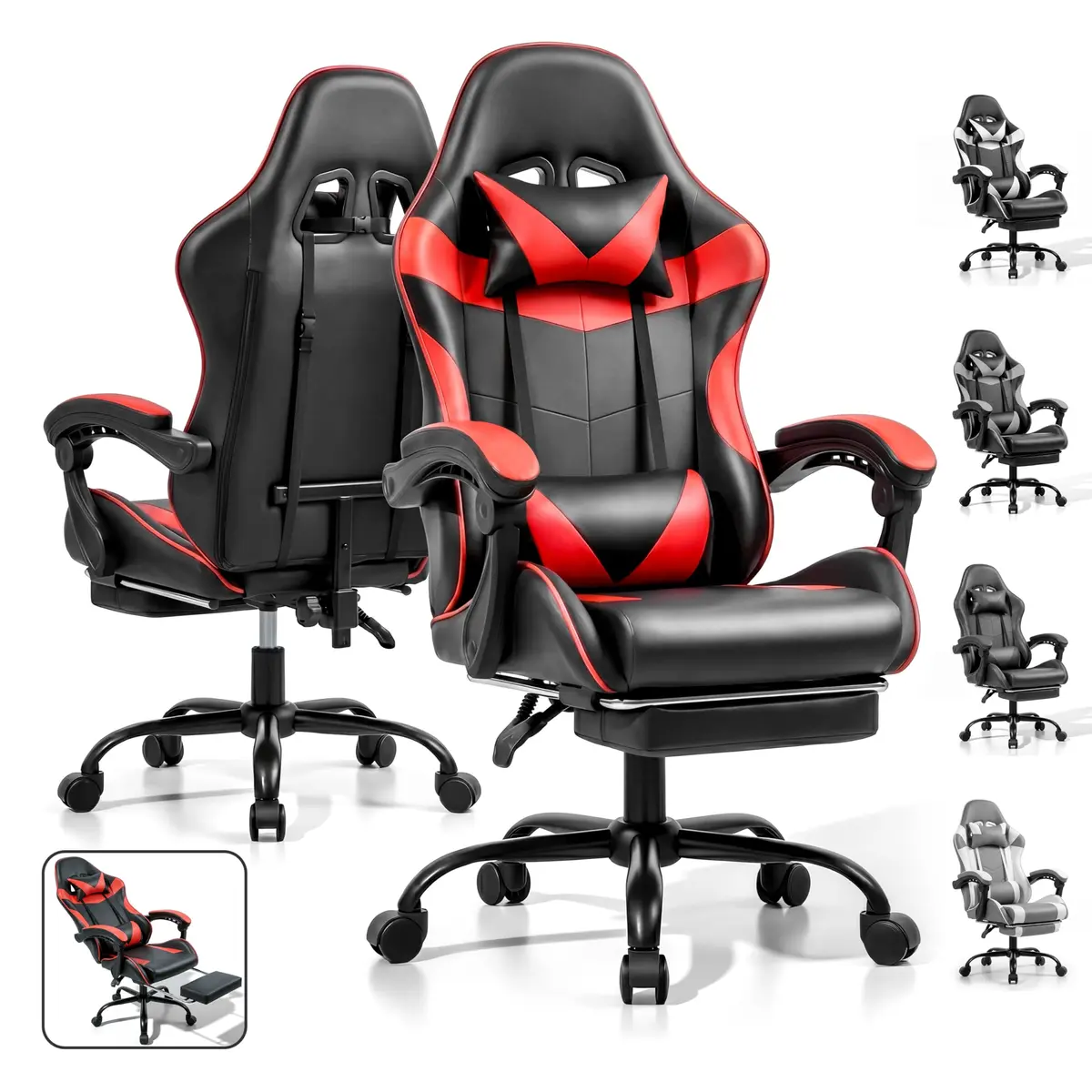 Ray Bear Gaming Chair, Ergonomic Footrest, Lumbar & Headrest (Red Black) | Support for Long Gaming & Work Sessions - main product image
