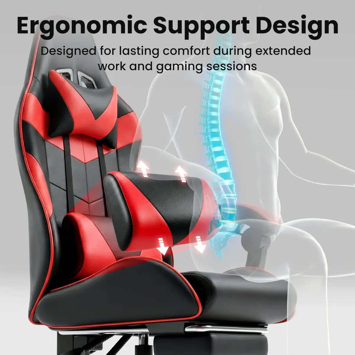 Ray Bear Gaming Chair, Ergonomic Footrest, Lumbar & Headrest (Red Black) | Support for Long Gaming & Work Sessions - view 5